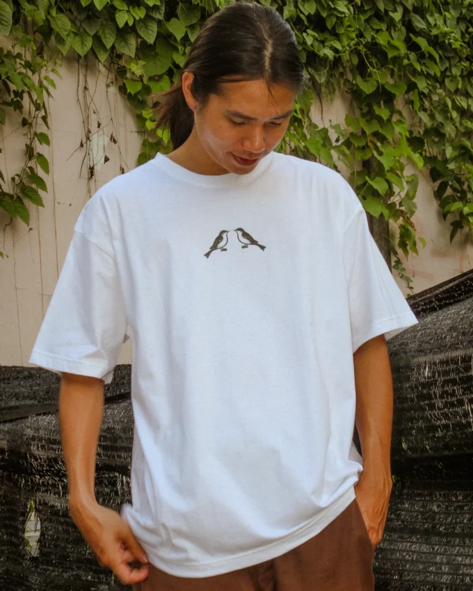 Men’s T Shirt Streetwear Oversized Tee White - 100% Cotton, Urban Graffiti Design- model